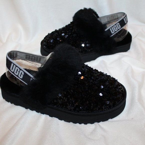 NIB YOUTH 4 WOMEN'S 6 CHUNKY WEDGE SEQUIN‎ SLIPPERS BLACK - Picture 2 of 8